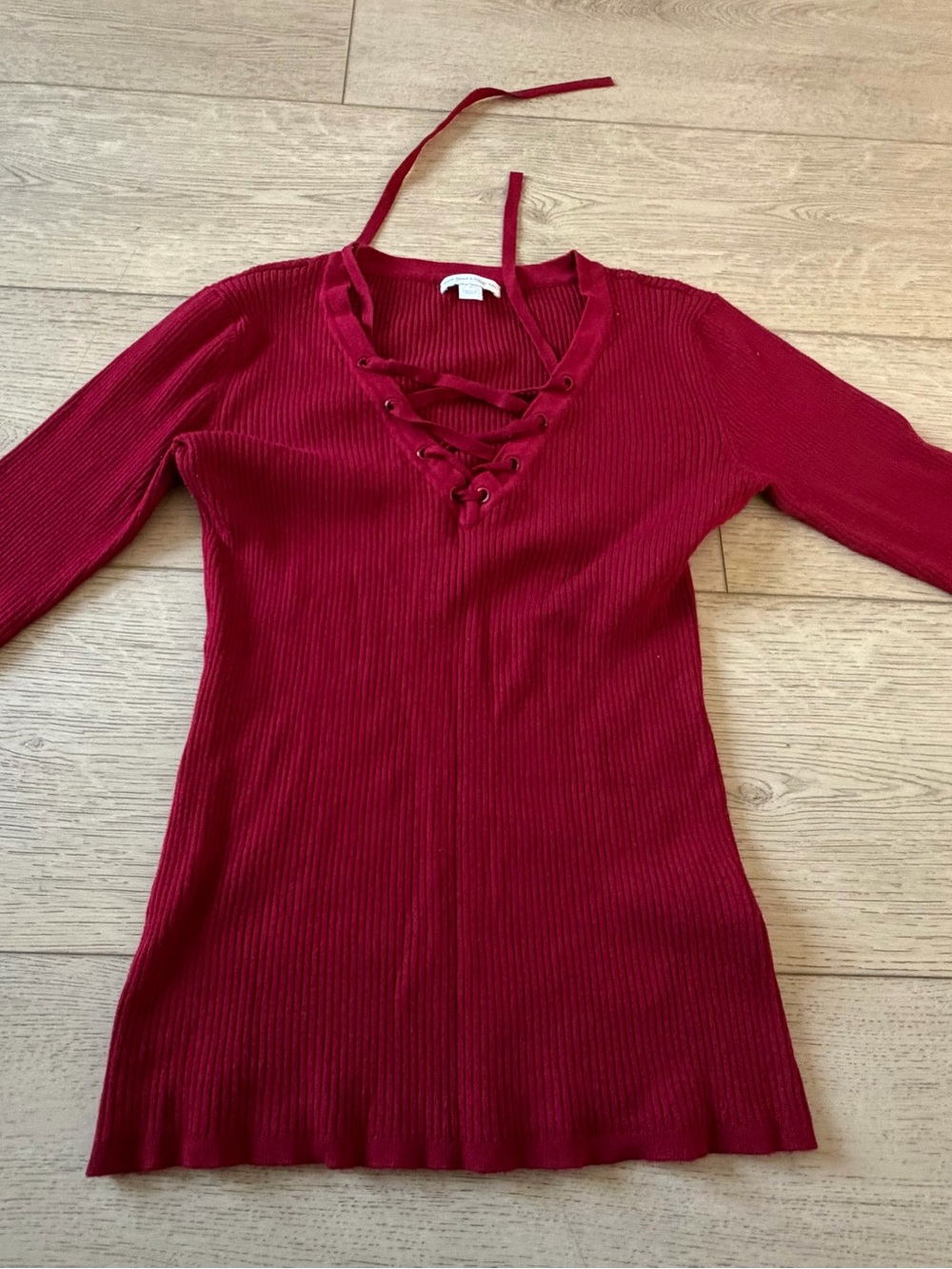 New York & Company Lace-Up Ribbed Long Sleeve Dress - Red